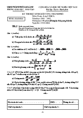Đề thi học sinh giỏi vòng thành phố Cao Lãnh môn toán - Lớp 9 THCS Năm học 2011  2012